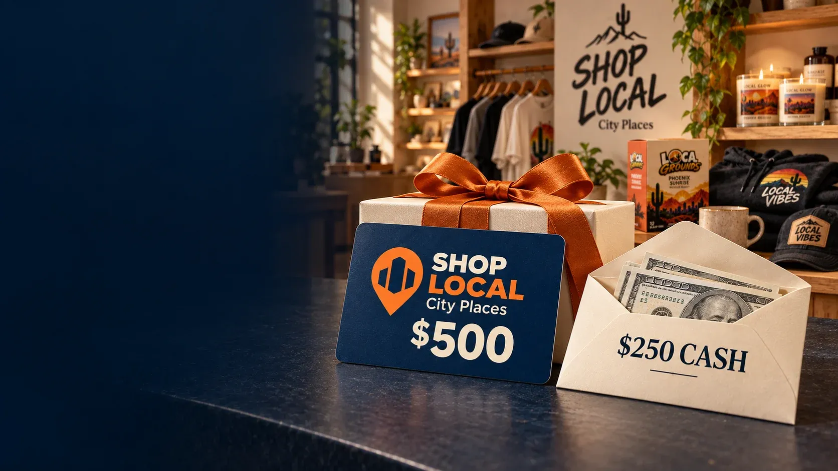 $500 SHOP LOCAL Florida Places gift card and $250 cash envelope in front of a SHOP LOCAL store and product display.